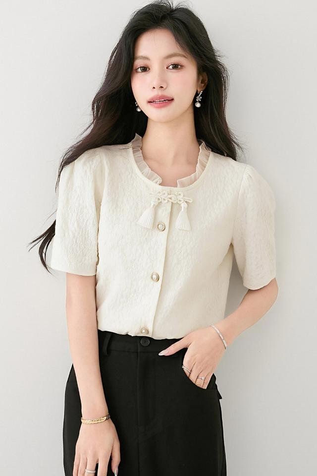 여성 여름 텍스처 넥프릴 태슬 버튼 반팔 블라우스 자켓 짧은 기장 데일리룩 캐주얼룩 베이지 - 상세 이미지 5