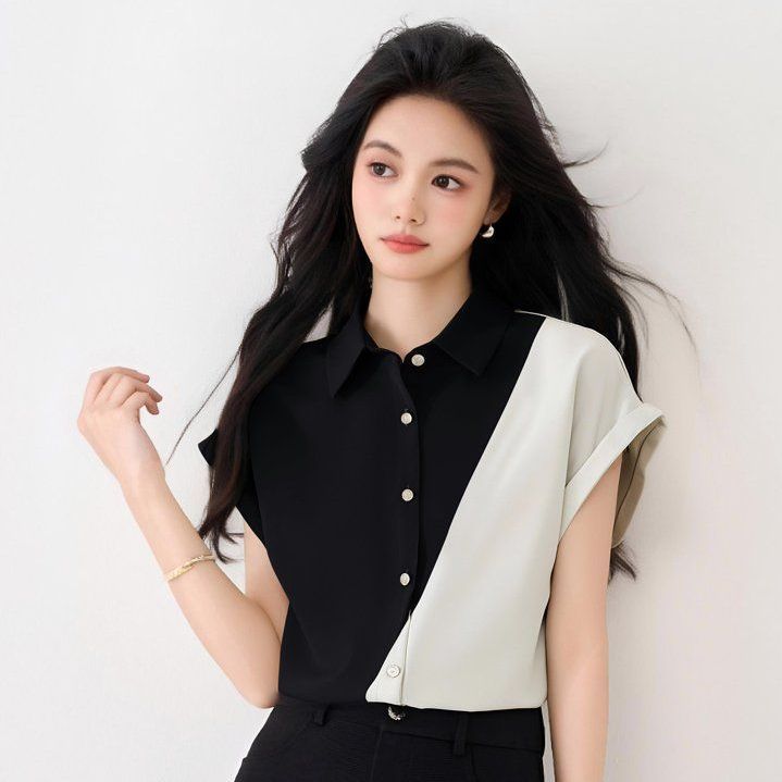 봄 여름 여성 루즈핏 사선배색 폴로카라 반팔 셔츠 블라우스 시원한 데일리룩 - 메인 이미지