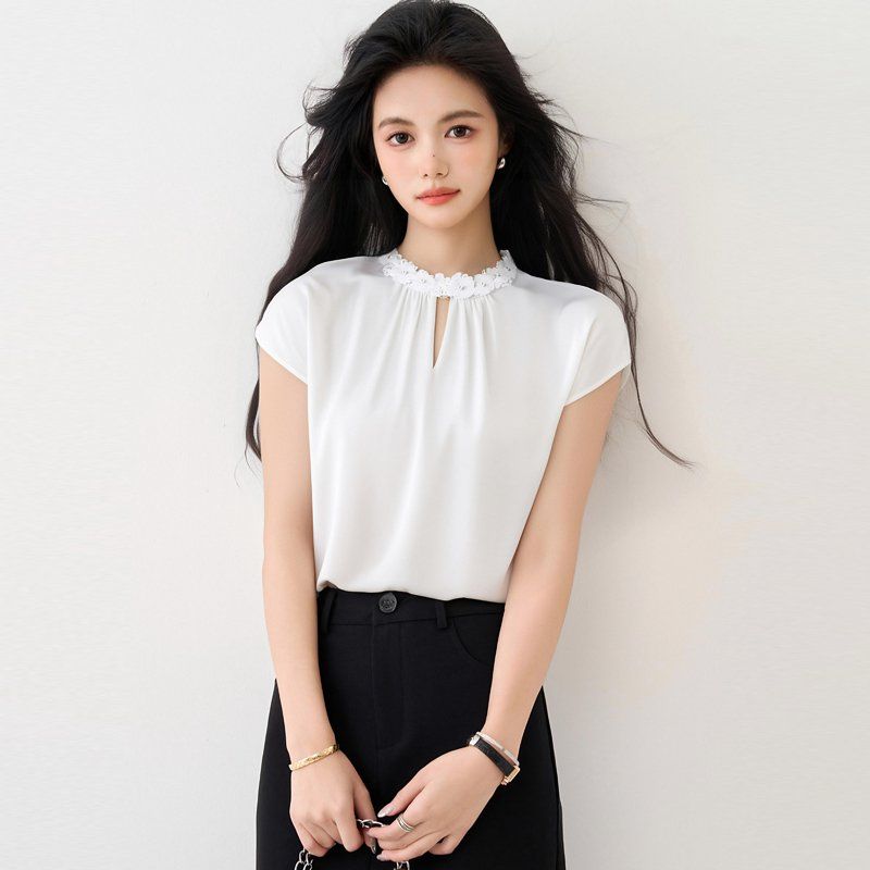 여성 여름 넥프릴 셔링 라운드넥 반팔 블라우스 사무실룩 데이트룩 하객룩 - 상세 이미지 5