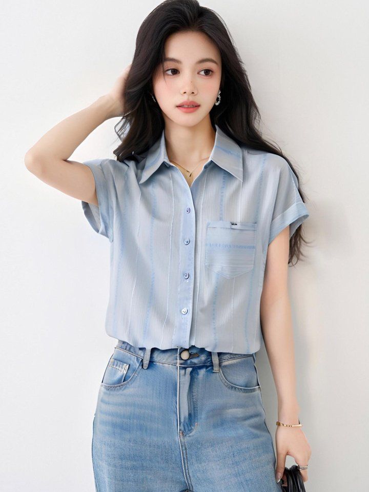 봄 여름 여성 루즈핏 스트라이프 폴로카라 반팔 셔츠 포켓 캐주얼룩 빅사이즈 블루스트라이프 - 상세 이미지 4