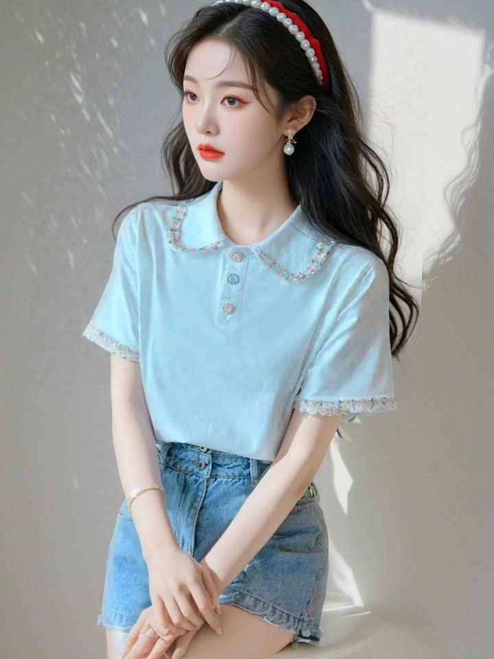 봄 여름 여성 스트레이트핏 플라워자수 카라 반팔 티셔츠 데일리룩 스카이블루 - 상세 이미지 4