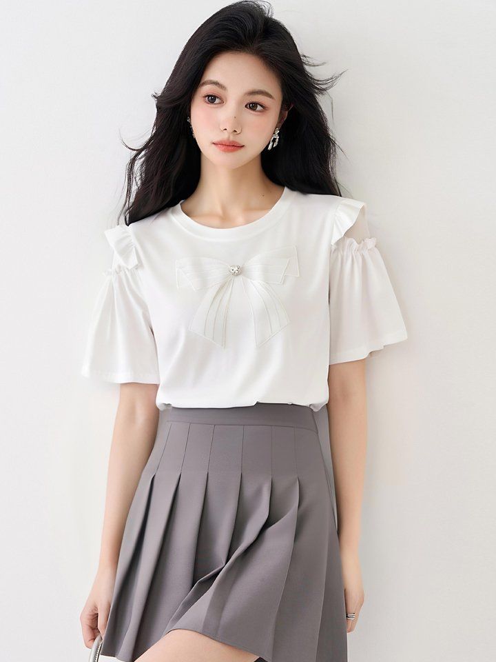 봄 여름 여성 스트레이트핏 라운드넥 리본아플리케 프릴소매 반팔티셔츠 데일리룩 화이트 - 상세 이미지 3