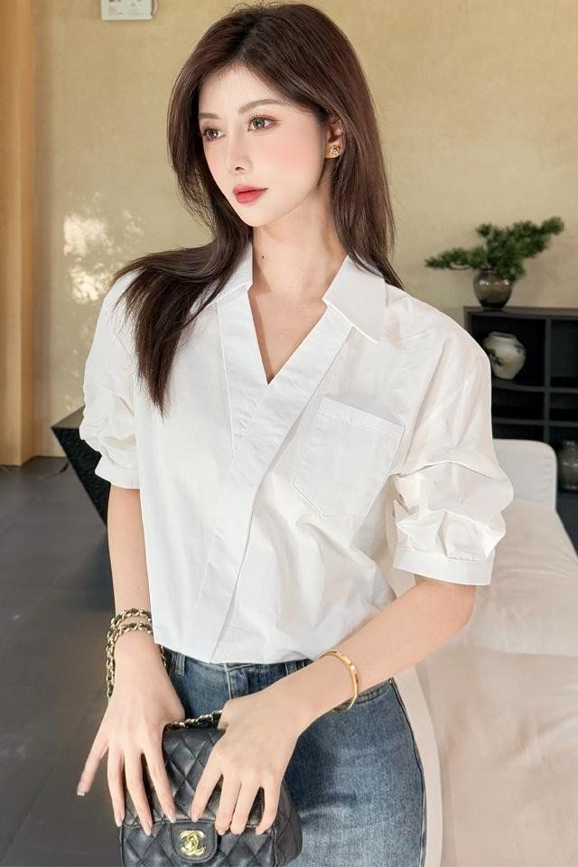 봄 여름 여성 스트레이트핏 브이넥 랩스타일 포켓 반팔셔츠 블라우스 캐주얼룩 화이트 - 상세 이미지 4