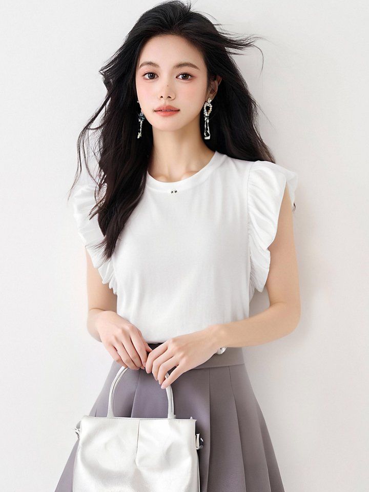 봄 여름 여성 스트레이트핏 라운드넥 프릴소매 반팔 티셔츠 캐주얼룩 데일리 화이트 - 상세 이미지 2