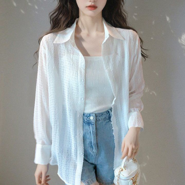 봄 여름 여성 루즈핏 시스루 긴팔셔츠 자카드 폴로카라 아우터 데일리룩 빅사이즈 화이트 - 메인 이미지