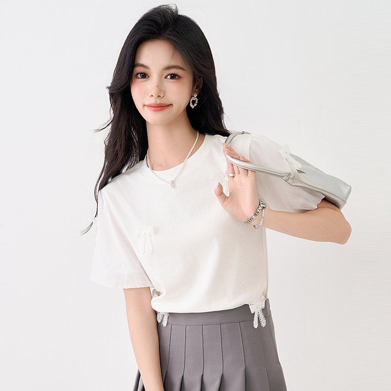 봄 여름 여성 스트레이트핏 라운드넥 리본아플리케 시스루 퍼프소매 반팔티셔츠 데일리 화이트 - 상세 이미지 3