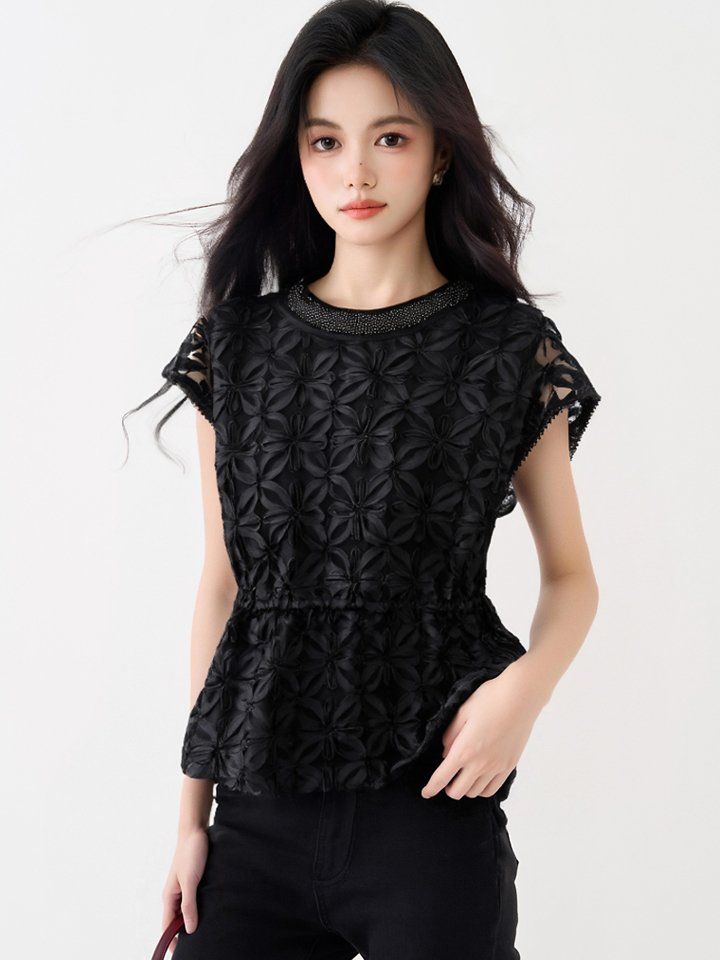 봄 여름 여성 스트레이트핏 라운드넥 플라워패턴 비즈넥 페플럼 블라우스 블랙 - 상세 이미지 2