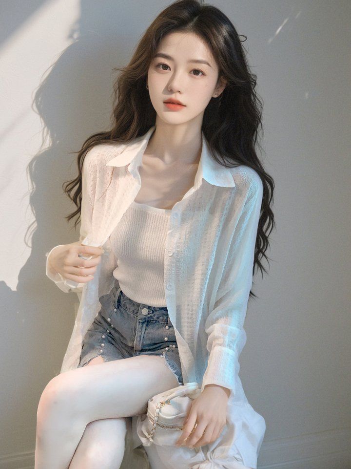 봄 여름 여성 루즈핏 시스루 긴팔셔츠 자카드 폴로카라 아우터 데일리룩 빅사이즈 화이트 - 상세 이미지 3