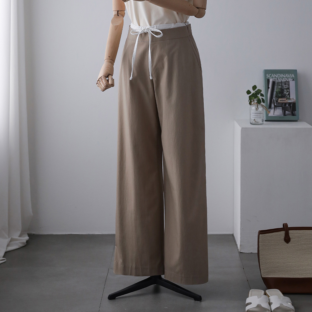 렉스 스타일리시 배색 스트링 로우라이즈 와이드 슬랙스 팬츠 - 상세 이미지 3