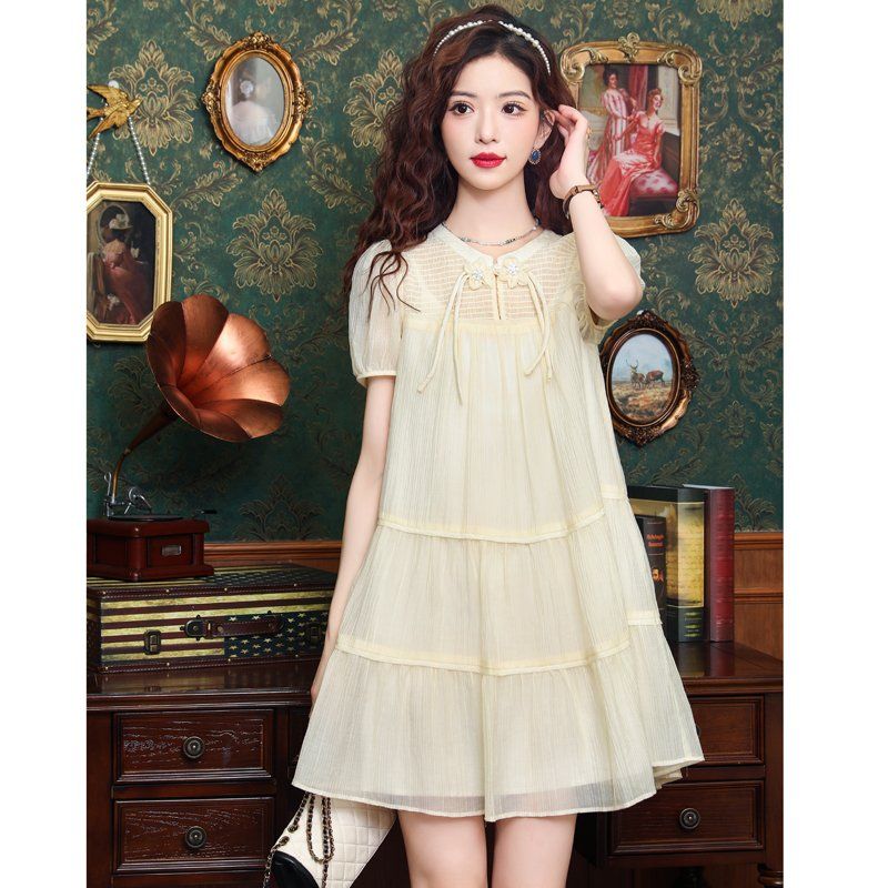 봄 여름 여성 A라인 라운드넥 플라워아플리케 리본스트링 캉캉 시스루 미니원피스 아이보리 - 상세 이미지 4