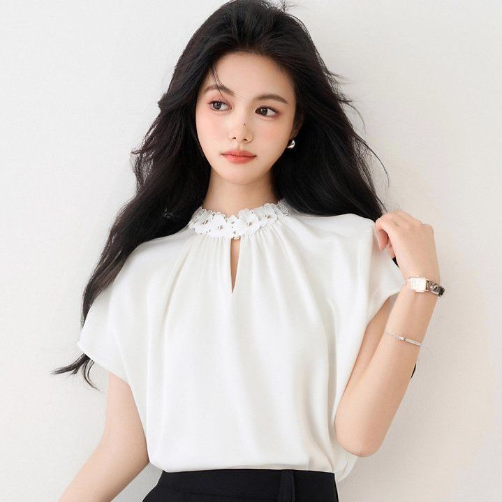 여성 여름 넥프릴 셔링 라운드넥 반팔 블라우스 사무실룩 데이트룩 하객룩 - 상세 이미지 2