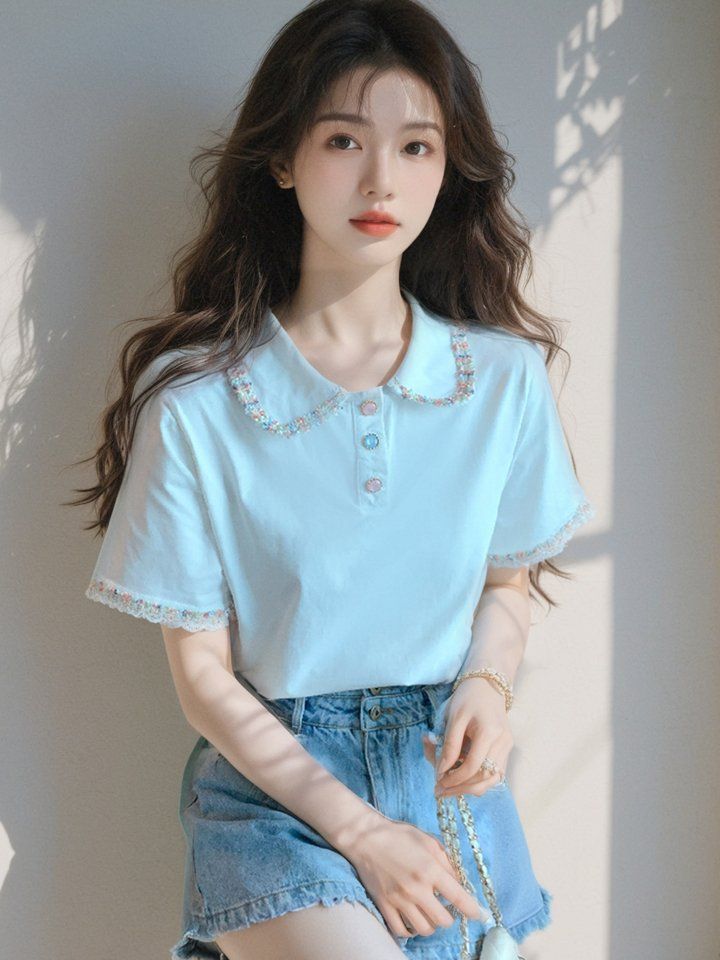 봄 여름 여성 스트레이트핏 플라워자수 카라 반팔 티셔츠 데일리룩 스카이블루 - 상세 이미지 2