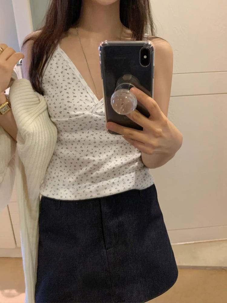 플라워 브이넥 랩 여성 나시티 탱크탑 세미 여자 크롭티 민소매 탑 여름 여성 티셔츠 이너티 - 상세 이미지 3
