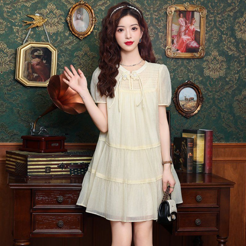 봄 여름 여성 A라인 라운드넥 플라워아플리케 리본스트링 캉캉 시스루 미니원피스 아이보리 - 상세 이미지 2