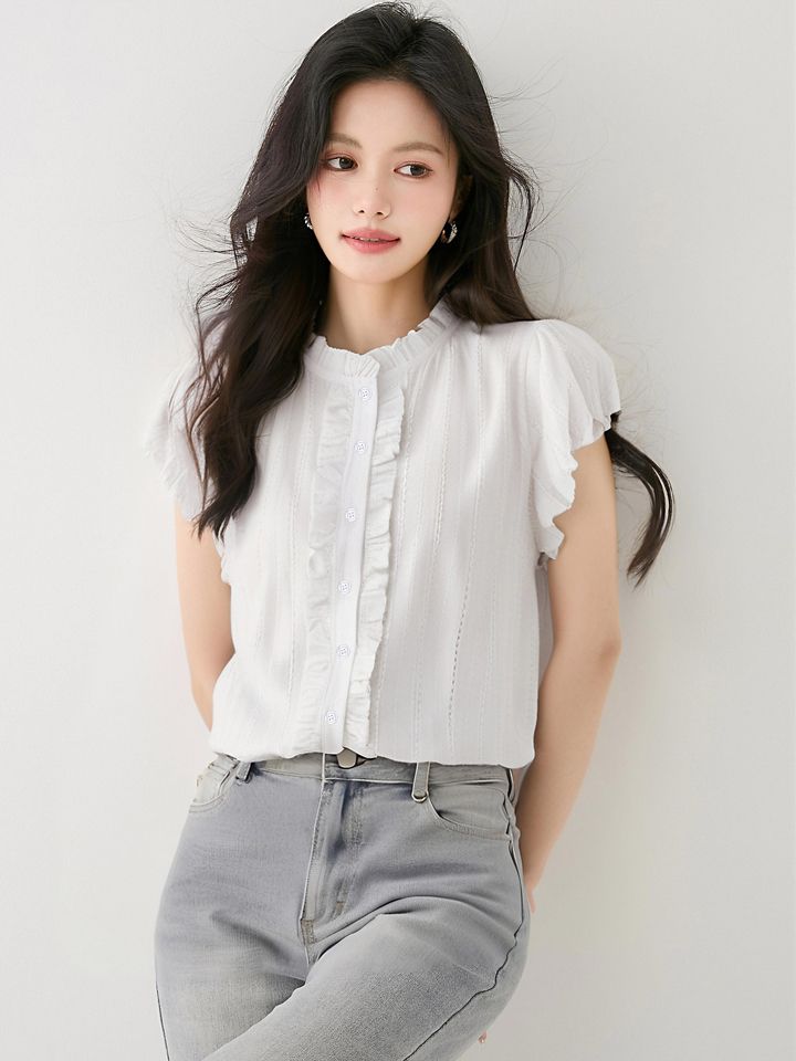 여성 여름 프릴 카라넥 스트라이프 민소매 블라우스 단추 여밈 슬림핏 데이트룩 아이보리 - 상세 이미지 4