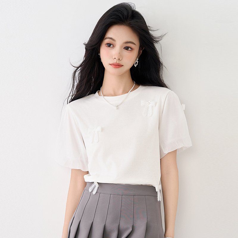 봄 여름 여성 스트레이트핏 라운드넥 리본아플리케 시스루 퍼프소매 반팔티셔츠 데일리 화이트 - 상세 이미지 5