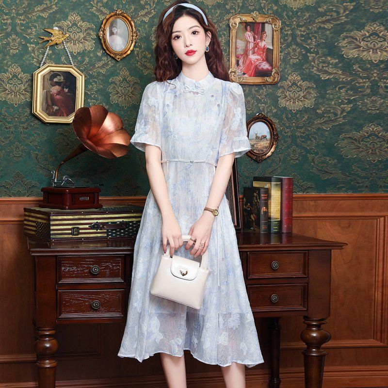 봄 여름 여성 A라인 매듭단추 플라워 프린트 스트링 시스루소매 롱원피스 스카이블루 - 상세 이미지 3