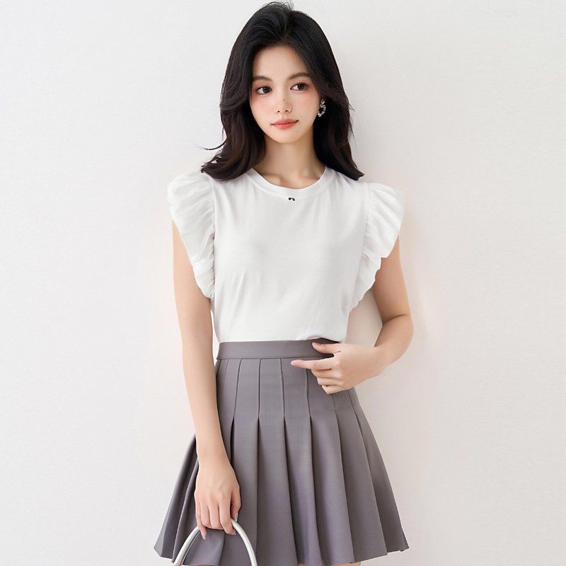 봄 여름 여성 스트레이트핏 라운드넥 프릴소매 반팔 티셔츠 캐주얼룩 데일리 화이트 - 메인 이미지