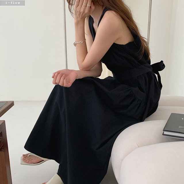 도미노 코튼 브이넥 벨트 맥시 롱 원피스 3col 봄 여름 포켓 루즈핏 바스락 제이플로우 - 상세 이미지 2
