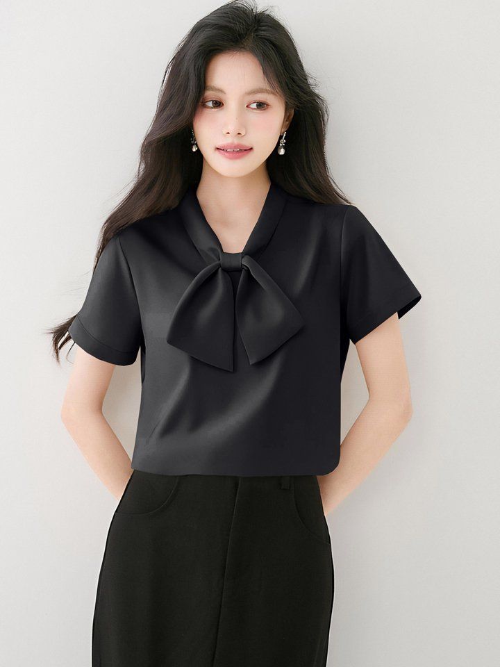 여성 여름 오피스룩 보우타이 브이넥 반팔 블라우스 출근룩 정장룩 격식룩 하객룩 세련된 - 상세 이미지 4