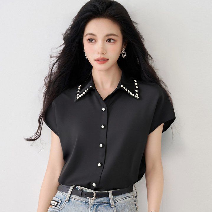 여름 여성 카라넥 진주 민소매 셔츠 블라우스 버튼 오피스룩 데일리룩 하객룩 정장룩 - 상세 이미지 2