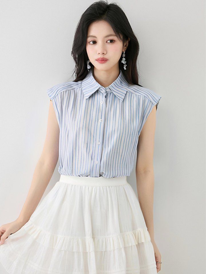 여성 여름 루즈핏 스트라이프 민소매 셔츠 블라우스 카라넥 데일리룩 캐주얼룩 스카이블루 - 상세 이미지 2