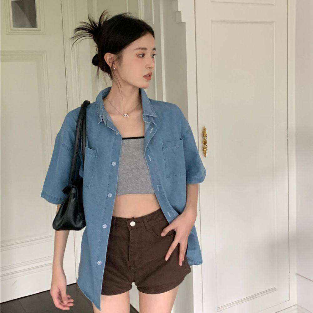 반팔청남방 여성 청남방 반팔 데님셔츠