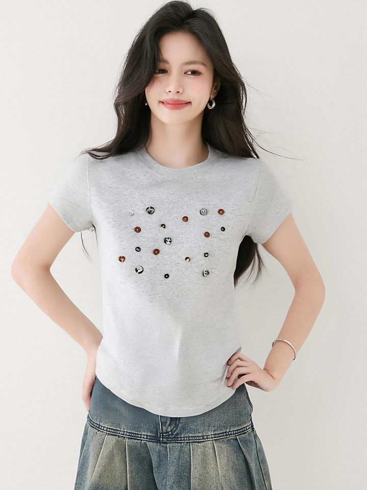 여름 여성 천연자개장식 반팔 티셔츠 라운드넥 슬림해보이는 데일리룩 캐주얼룩 그레이 - 상세 이미지 3