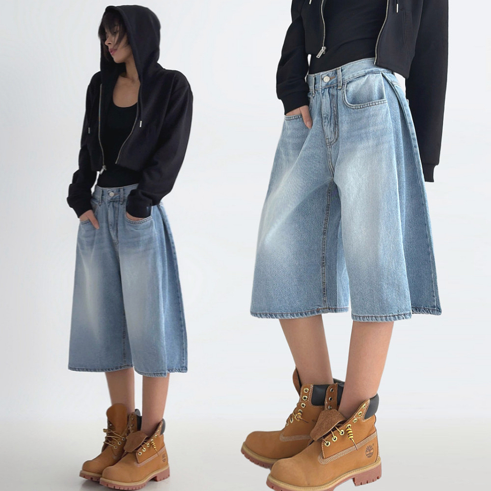 여성 청반바지 버뮤다 여름데님팬츠 연청바지 와이드핏청바지