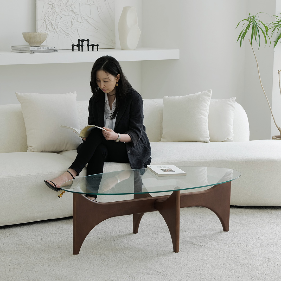 자야캠핑 반타 1723 월넛 강화유리 타원형 좌식 거실 소파 테이블