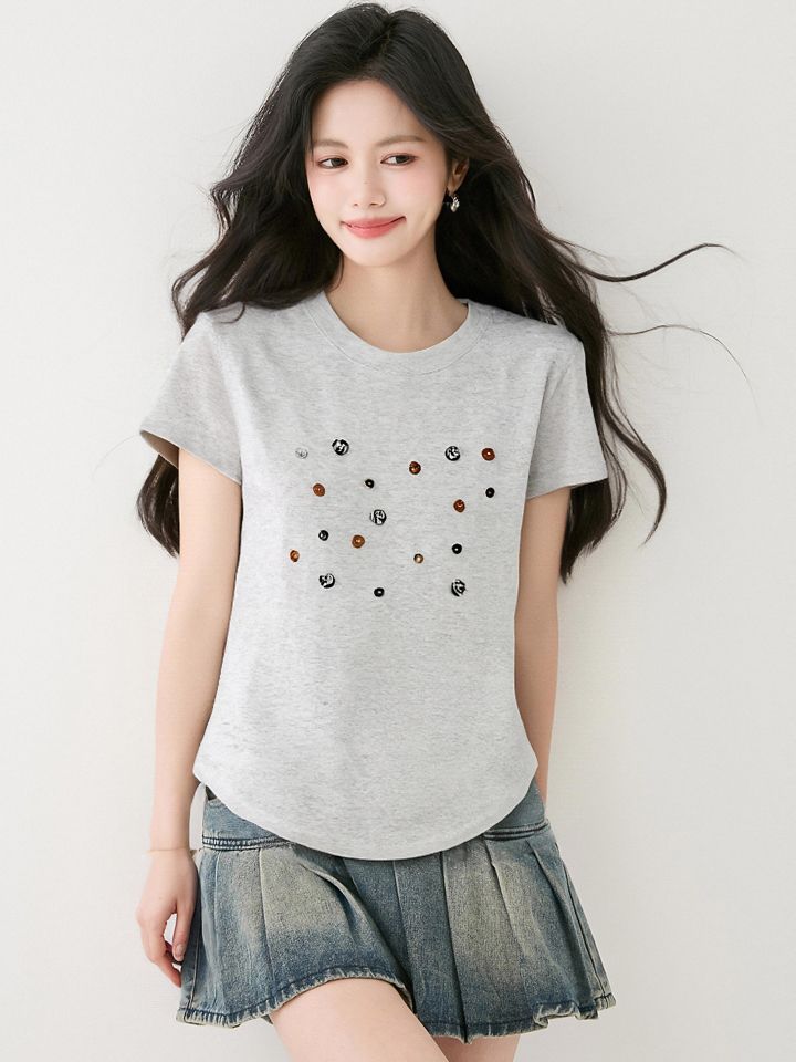 여름 여성 천연자개장식 반팔 티셔츠 라운드넥 슬림해보이는 데일리룩 캐주얼룩 그레이 - 상세 이미지 4