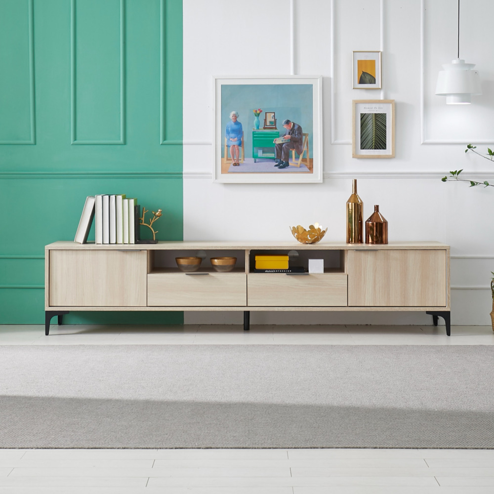 쿠 2100 익스텐션거실장 높은 2단거실장 다리형 75인치티비장