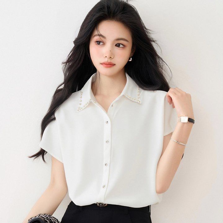 여름 여성 카라넥 진주 민소매 셔츠 블라우스 버튼 오피스룩 데일리룩 하객룩 정장룩 - 상품 이미지
