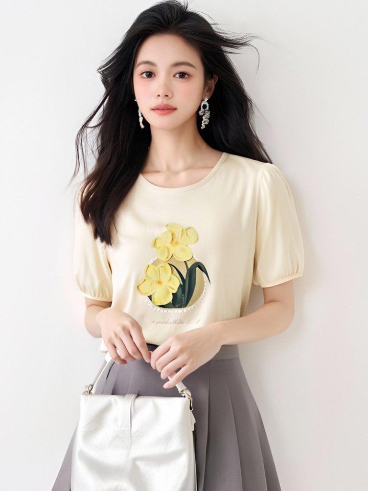 여성 여름 플라워나염 퍼프 반팔 티셔츠 라운드넥 기본핏 데일리룩 캐주얼룩 옐로우 - 상세 이미지 5