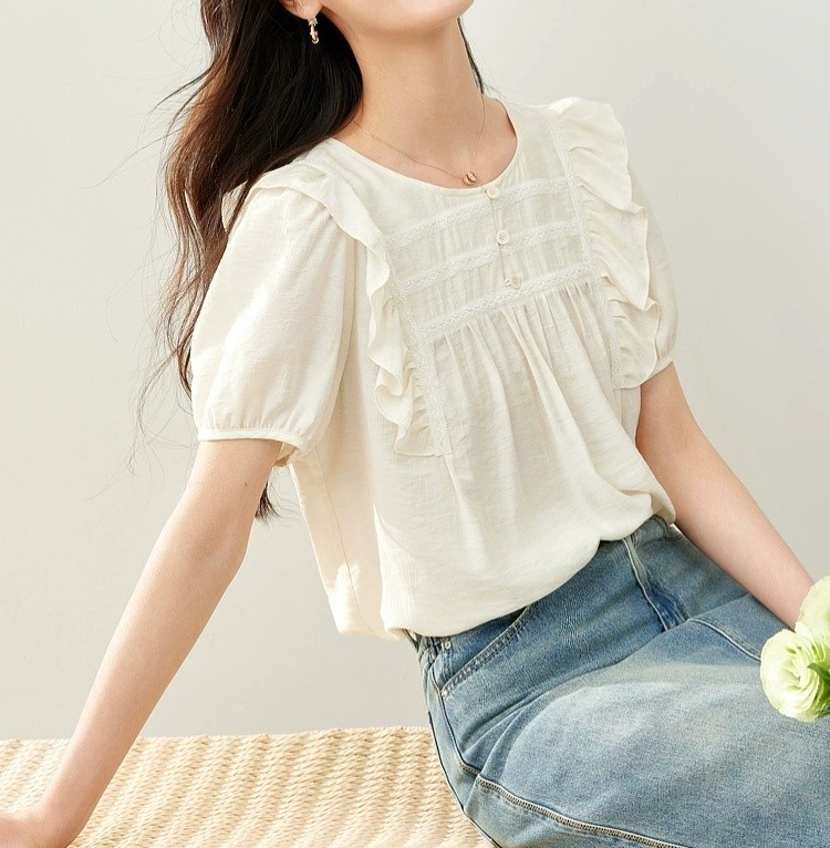 허리군살커버 아사면 양프릴블라우스 레이스단추 여름반팔블라우스 a라인 여자여자몰