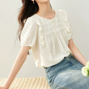 허리군살커버 아사면 양프릴블라우스 레이스단추 여름반팔블라우스 a라인 여자... 착용 후기 | 사이즈/핏 총정리 - 상품 이미지 1