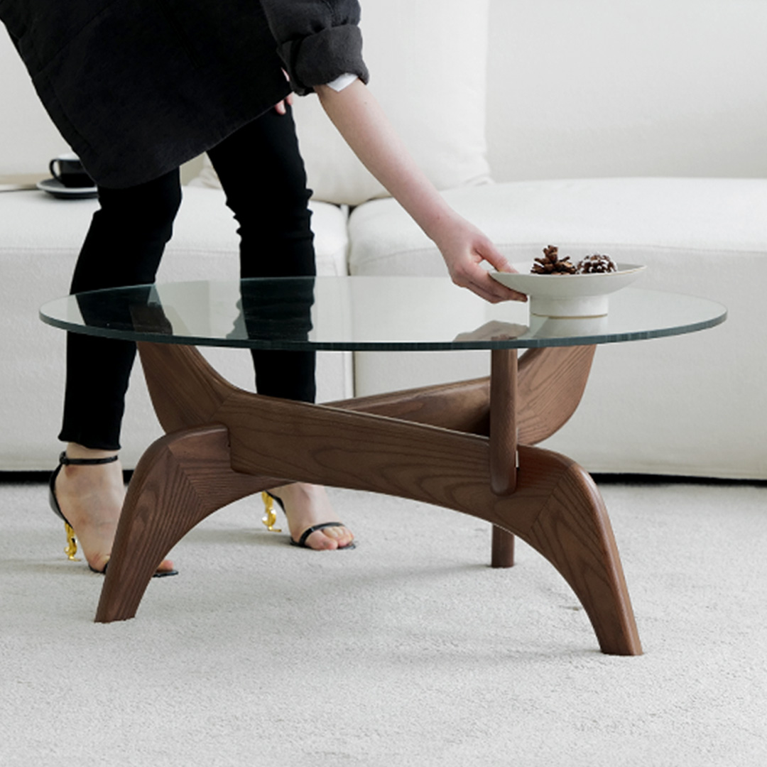 자야캠핑 반타 1722 월넛 애쉬원목 강화유리 원형 페블 좌식 거실 소파 테이블