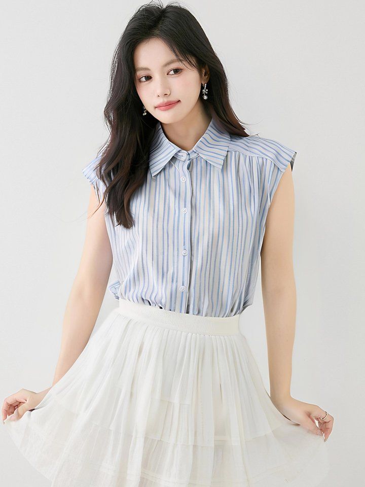 여성 여름 루즈핏 스트라이프 민소매 셔츠 블라우스 카라넥 데일리룩 캐주얼룩 스카이블루 - 상세 이미지 3
