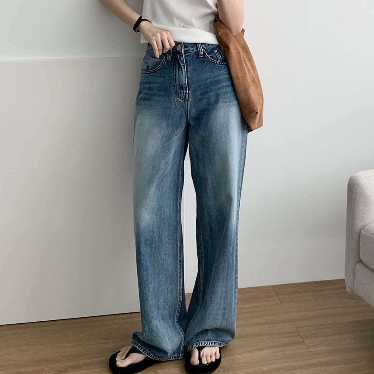 [일부당일] 워싱데님 일자 와이드 빈티지 청바지 웨어링무드 (2c) - 상품 이미지