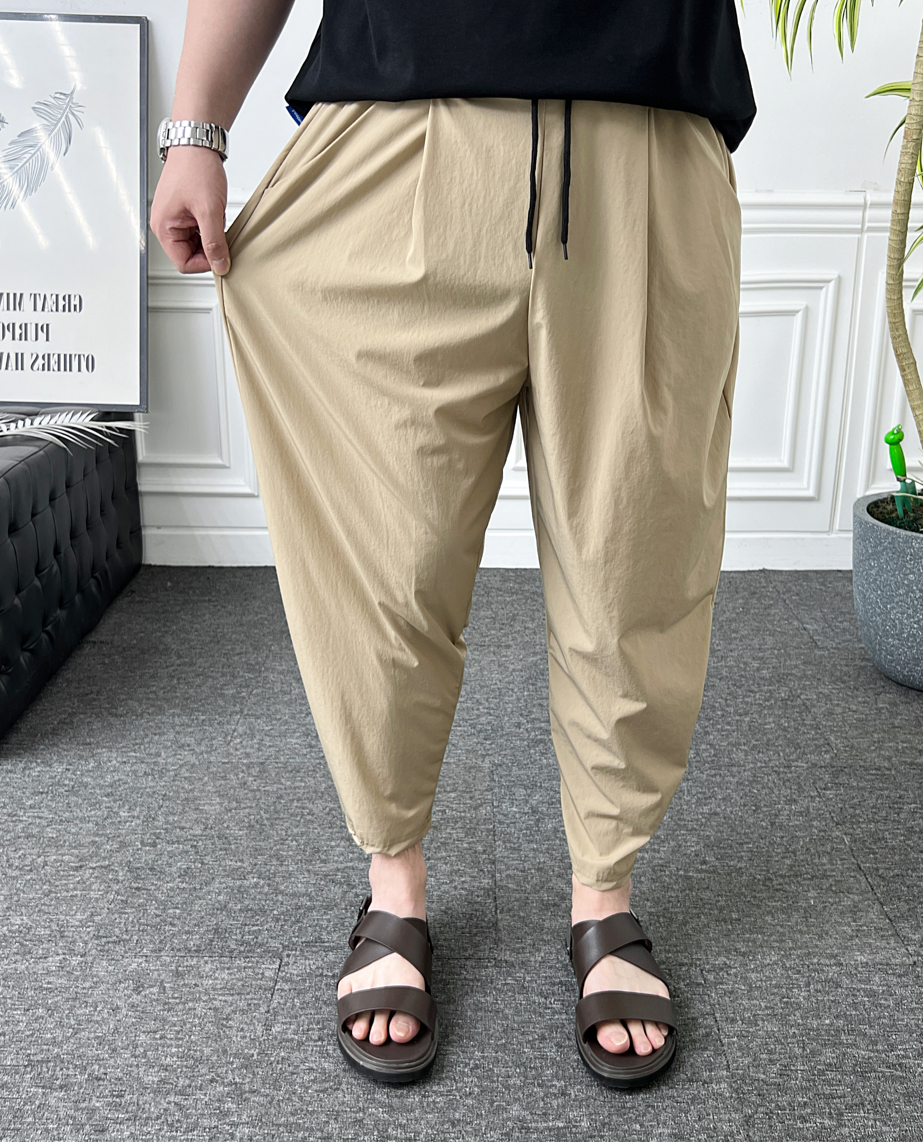 남자 여름 바지 9부 밴딩 아이스 반배기 와이드 항아리핏 주름 벌룬팬츠 - 상세 이미지 3