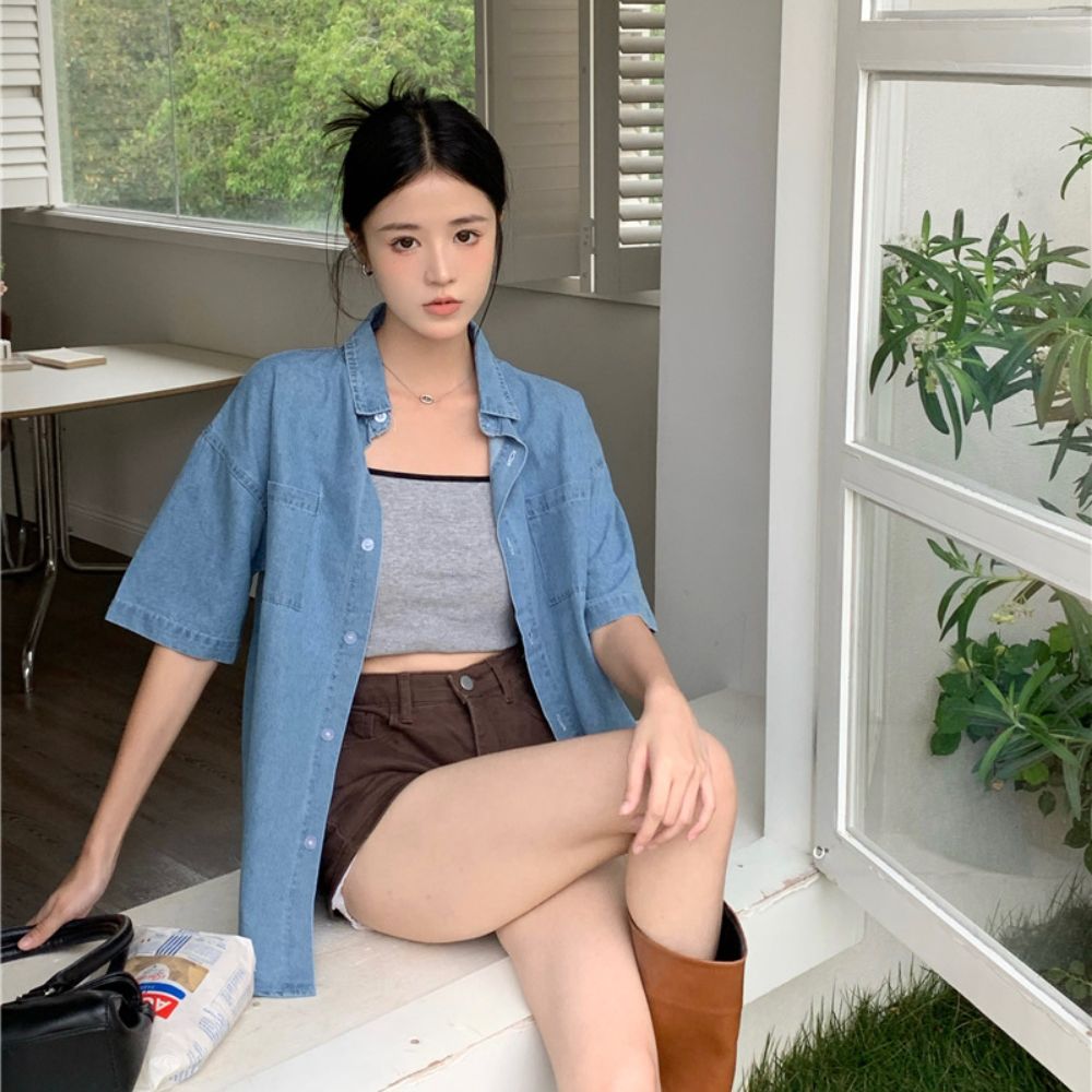 여성 청반팔셔츠 데님셔츠 루즈핏 청남방 여름 아우터 이미지 3