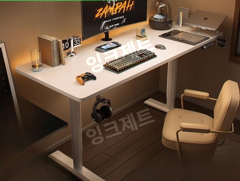 전동 모션데스크 스탠딩 화이트 3단 모터 커브형 철제 제트 로그색상+전동리프팅흰색다리 1미터x0.6미터 - 상품 이미지