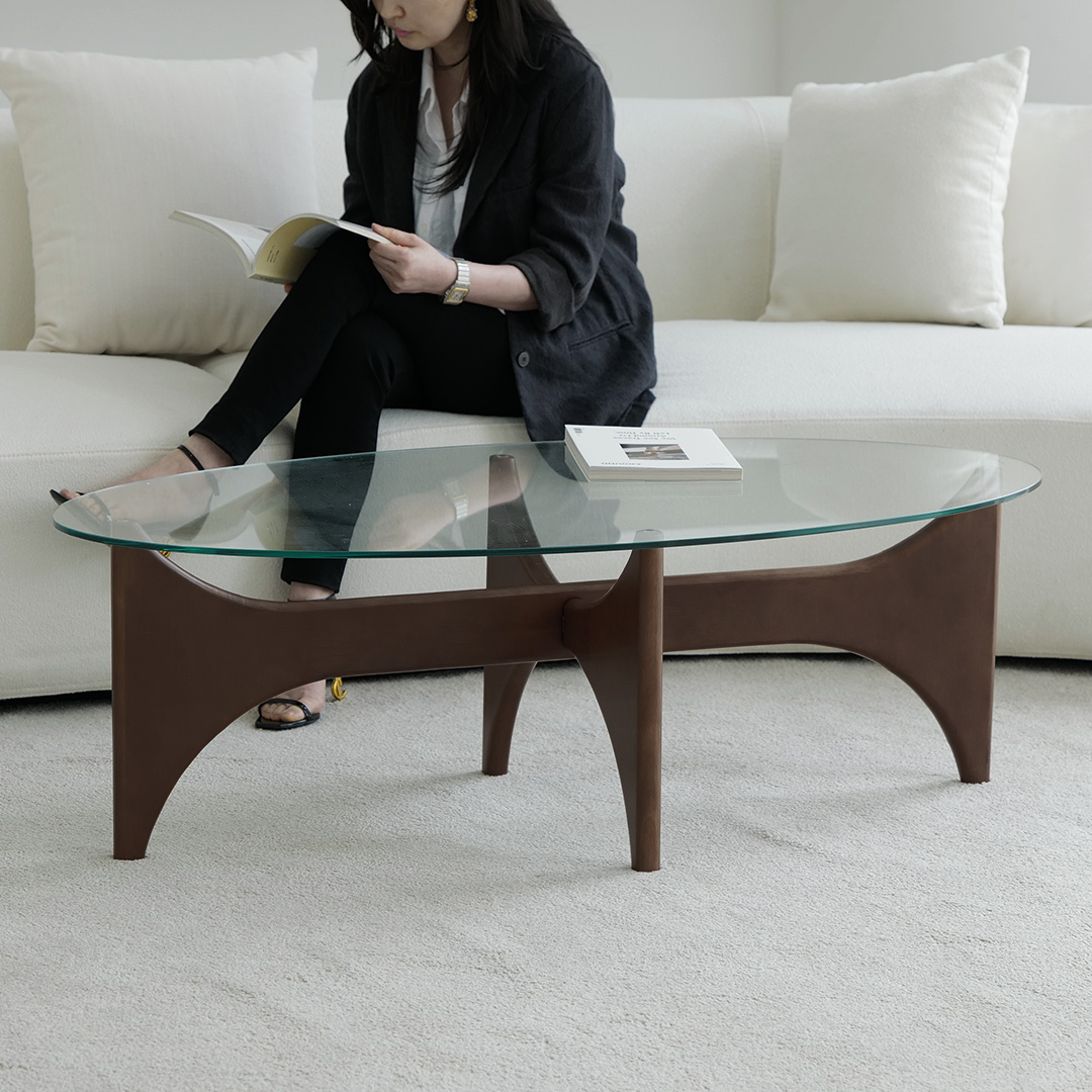 자야캠핑 반타 1723 월넛 강화유리 타원형 좌식 거실 소파 테이블