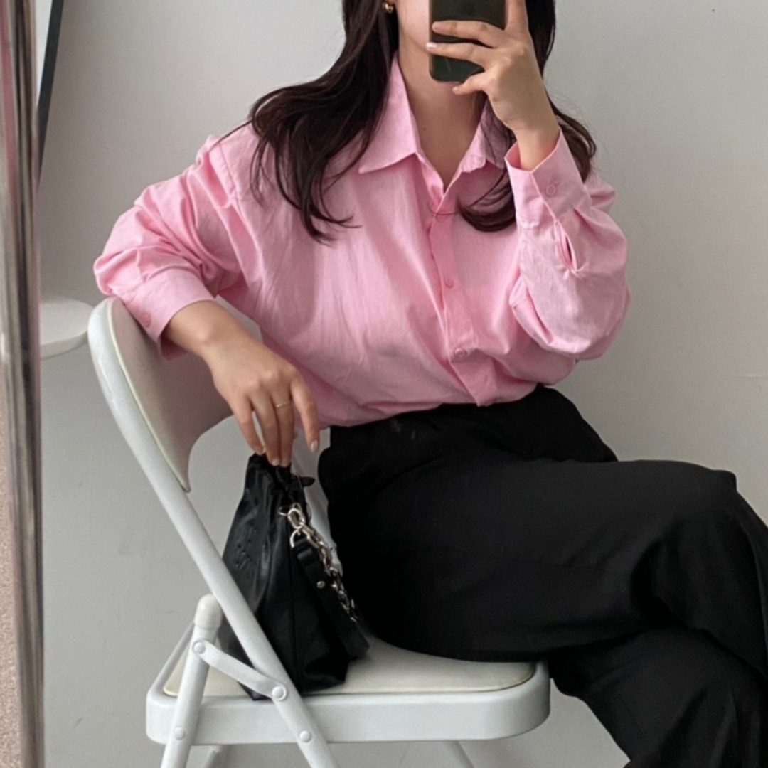 오픈카라 흰색블라우스 바스락셔츠 레이어드 핑크 소라색 셔츠 - 메인 이미지
