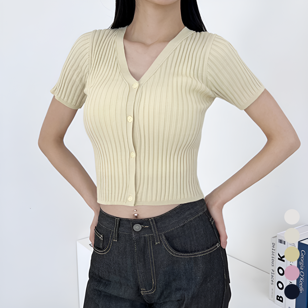 여름용가디건 여성 골지 반팔 크롭 브이넥 썸머 니트 가디건