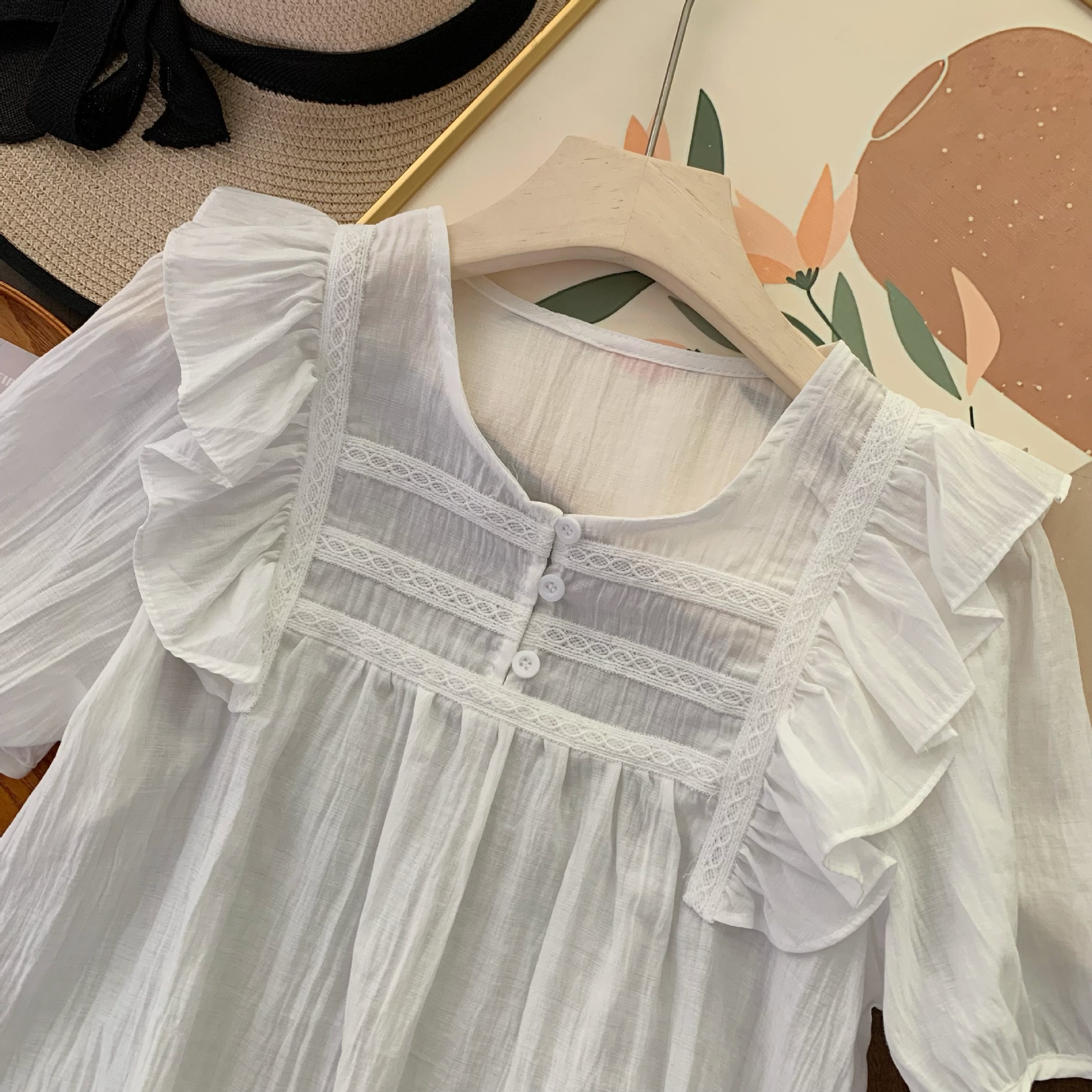 허리군살커버 아사면 양프릴블라우스 레이스단추 여름반팔블라우스 a라인 여자여자몰