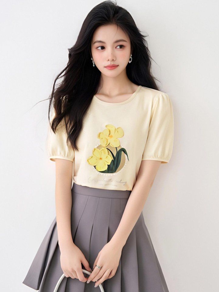 여성 여름 플라워나염 퍼프 반팔 티셔츠 라운드넥 기본핏 데일리룩 캐주얼룩 옐로우 - 상세 이미지 4