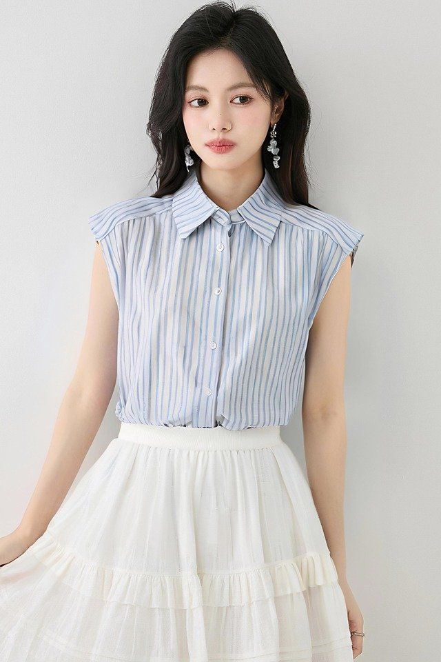 여성 여름 루즈핏 스트라이프 민소매 셔츠 블라우스 카라넥 데일리룩 캐주얼룩 스카이블루 - 상세 이미지 5