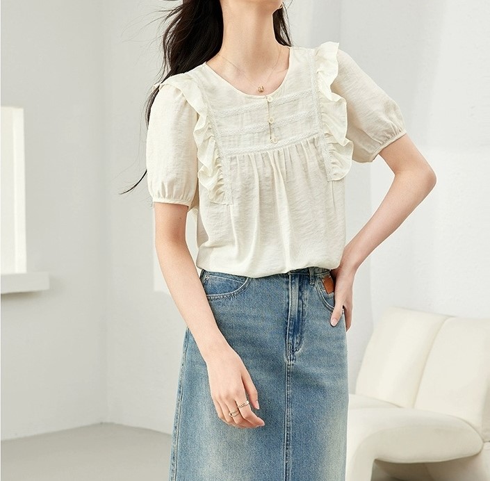 허리군살커버 아사면 양프릴블라우스 레이스단추 여름반팔블라우스 a라인 여자여자몰