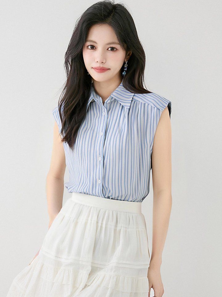 여성 여름 루즈핏 스트라이프 민소매 셔츠 블라우스 카라넥 데일리룩 캐주얼룩 스카이블루 - 상세 이미지 4
